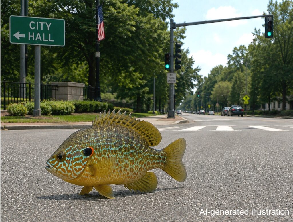 AI-generated image of a pumpkinseed fish traveling to City Hall