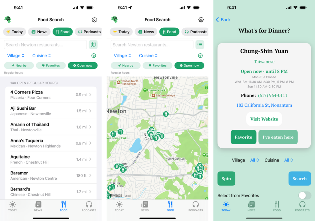 Restaurant features in use: the Open now filter with distances, the map view, and a Spin result