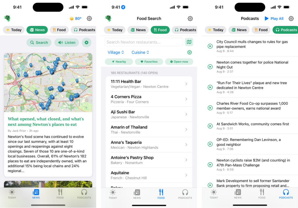 The News, Food, and Podcasts tabs side by side