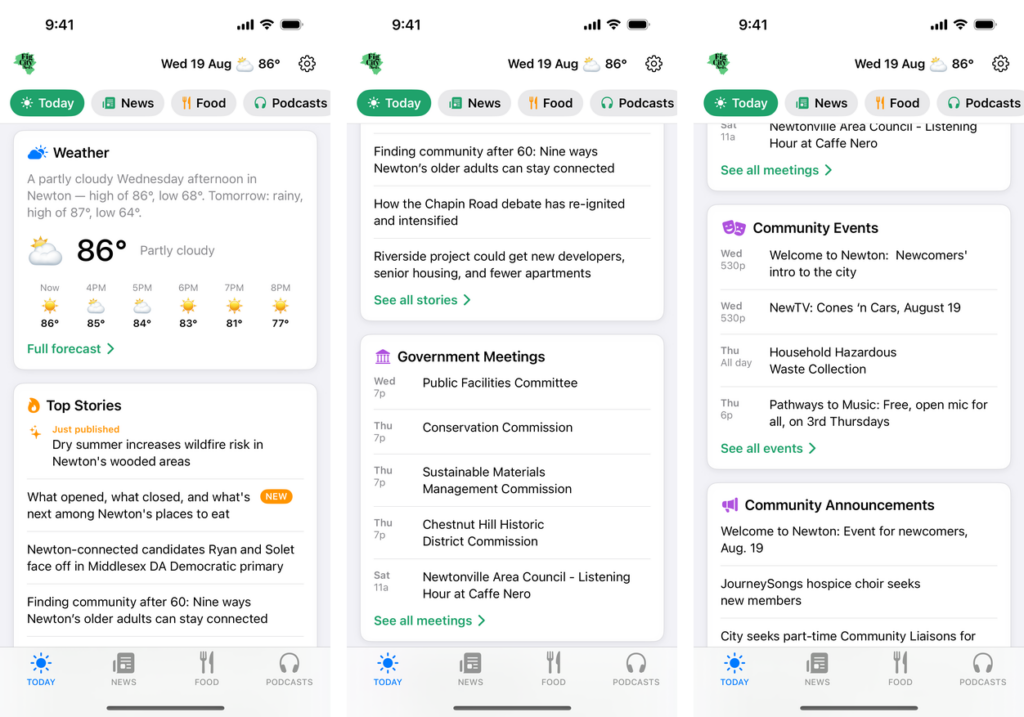 The Today screen at three scroll positions: weather and top stories, government meetings, and community events
