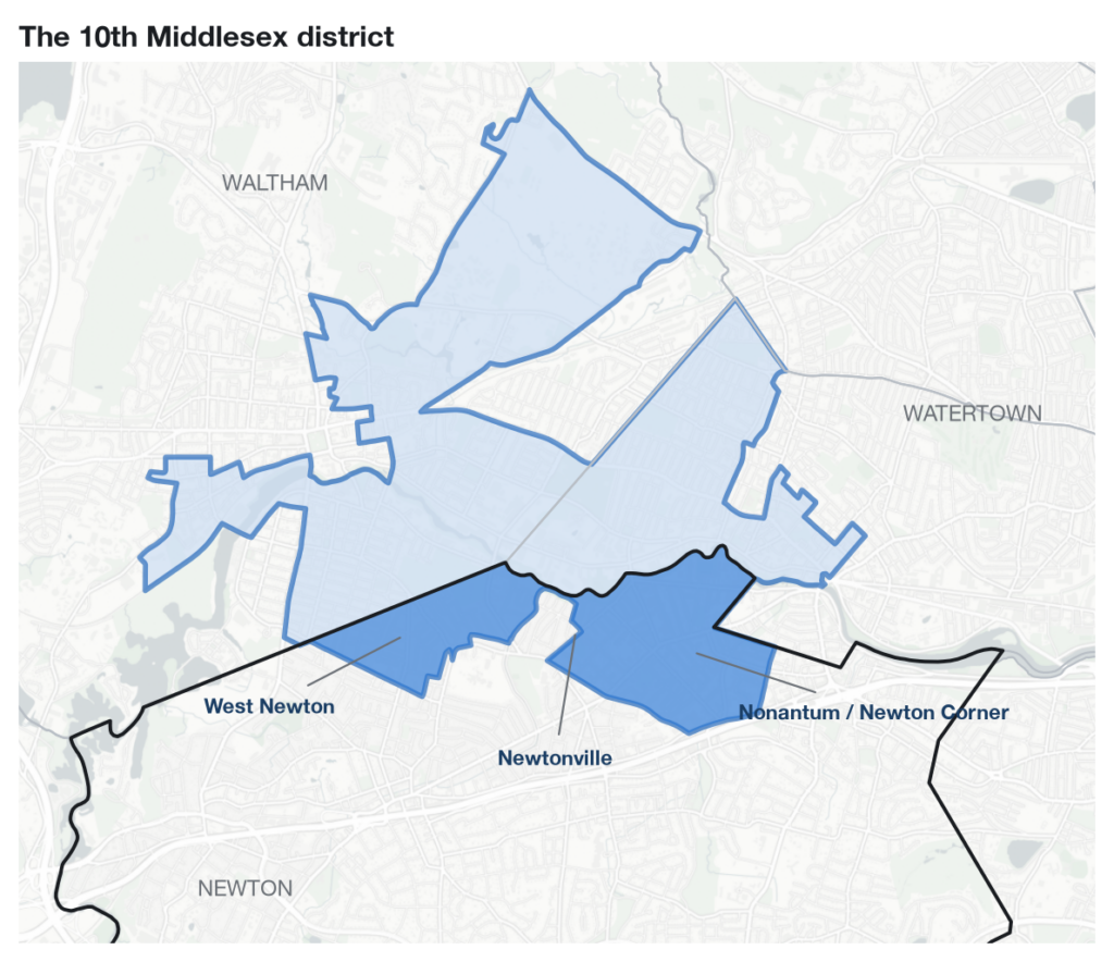 Map of the 10th Middlesex district covering parts of Waltham, Watertown, and Newton's northern edge