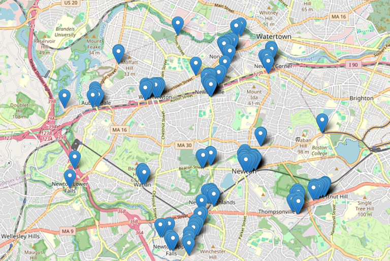 Street map of Newton with dozens of blue markers clustered in the village centers, showing the locations of the city's restaurants.